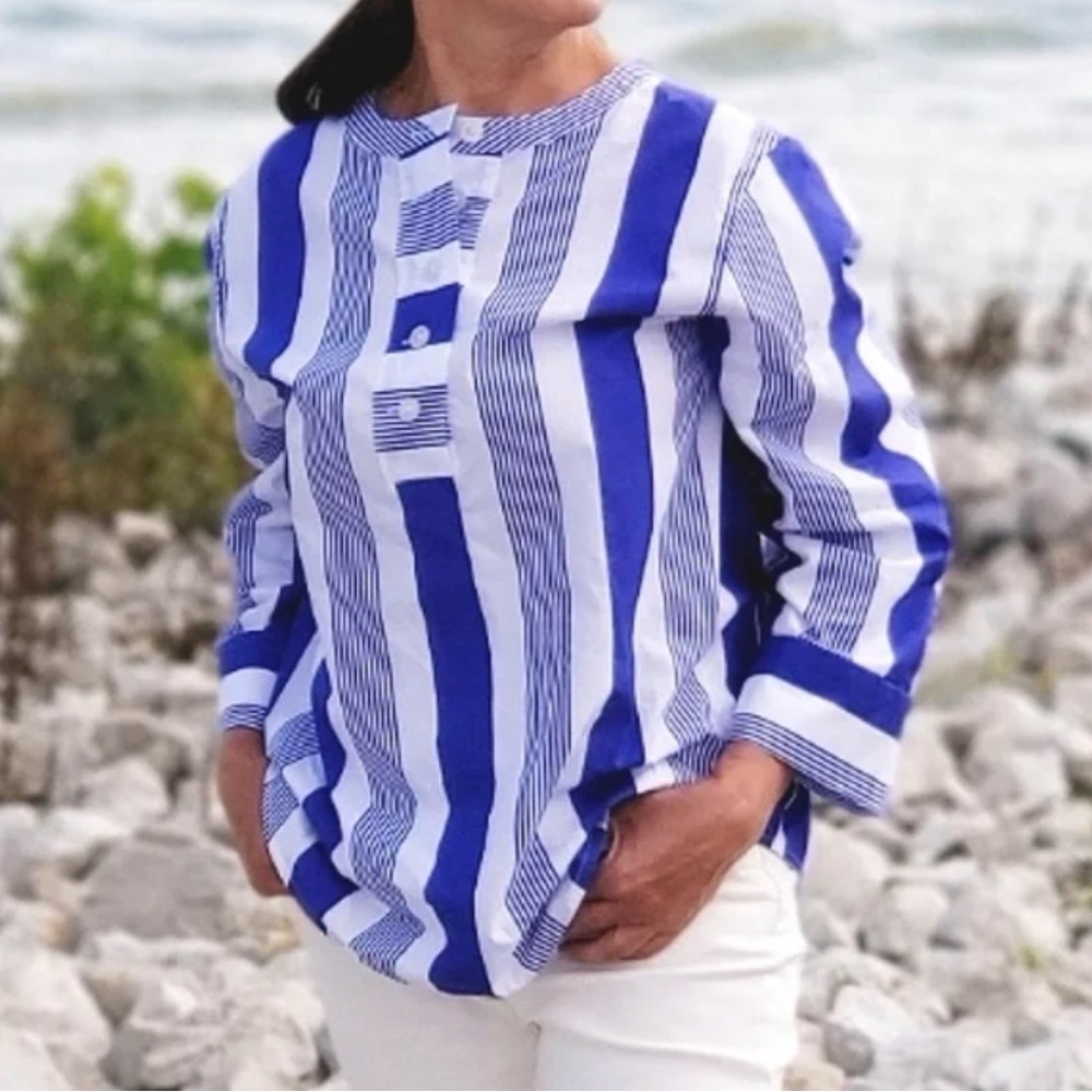 J.CREW Poplin Stripe Button-Front White Blue Blouse J Crew Medium Cotton